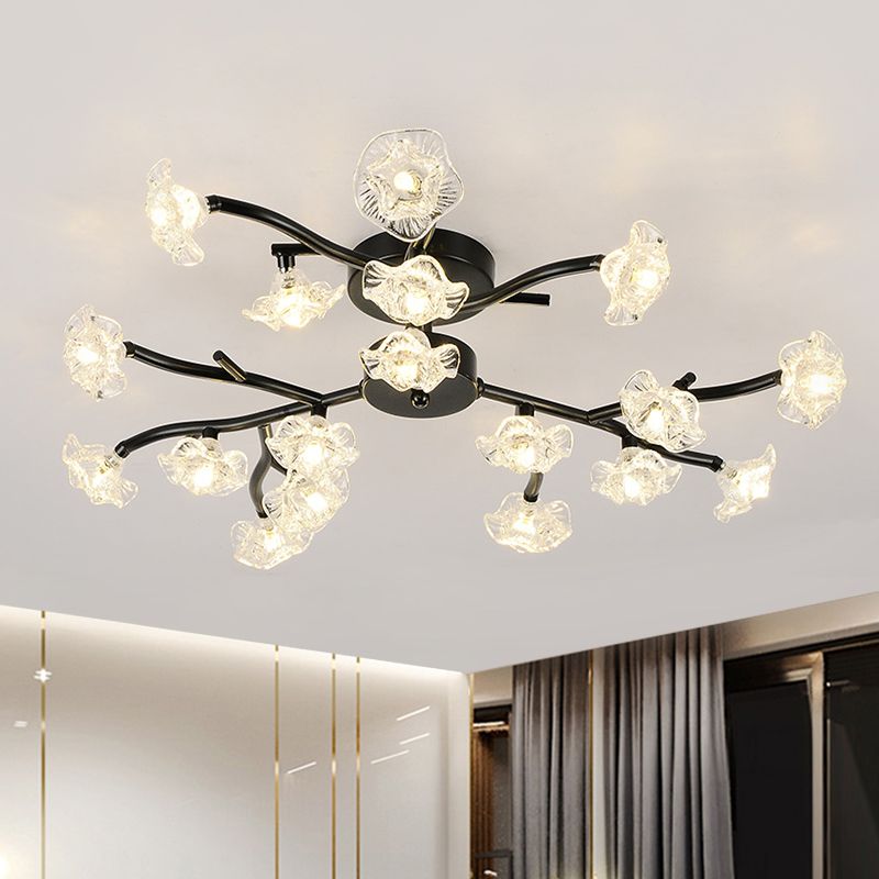 Luce del soffitto moderno di ramo con metallo floreale semi -rullo luce in nero per soggiorno