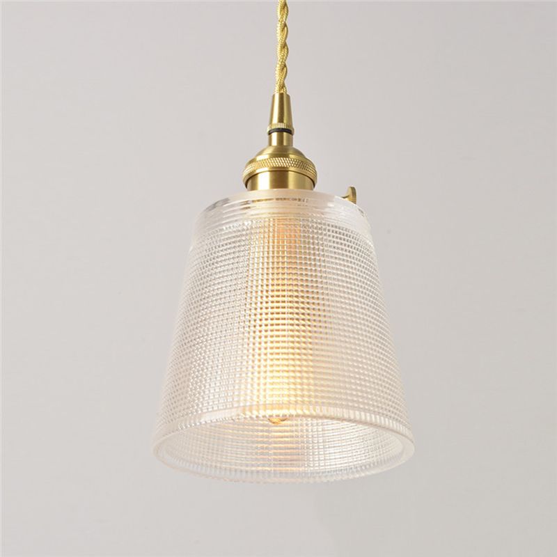 Bell Hanging Light Modernist Clear Lattice Glass 1 Bulb Suspended Lighting Fixture in Gold with Metallic Switch