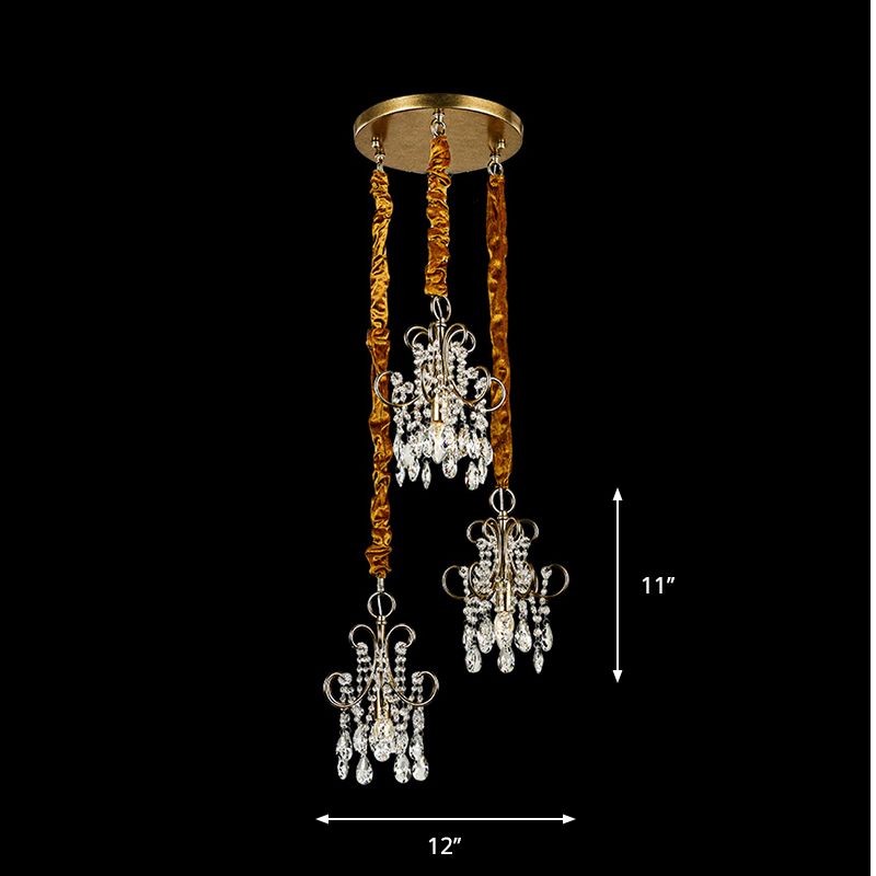 Metaal curvy arm multi hanglamp eenvoud 3 koppen gouden plafondverlichting met kristalstrengen
