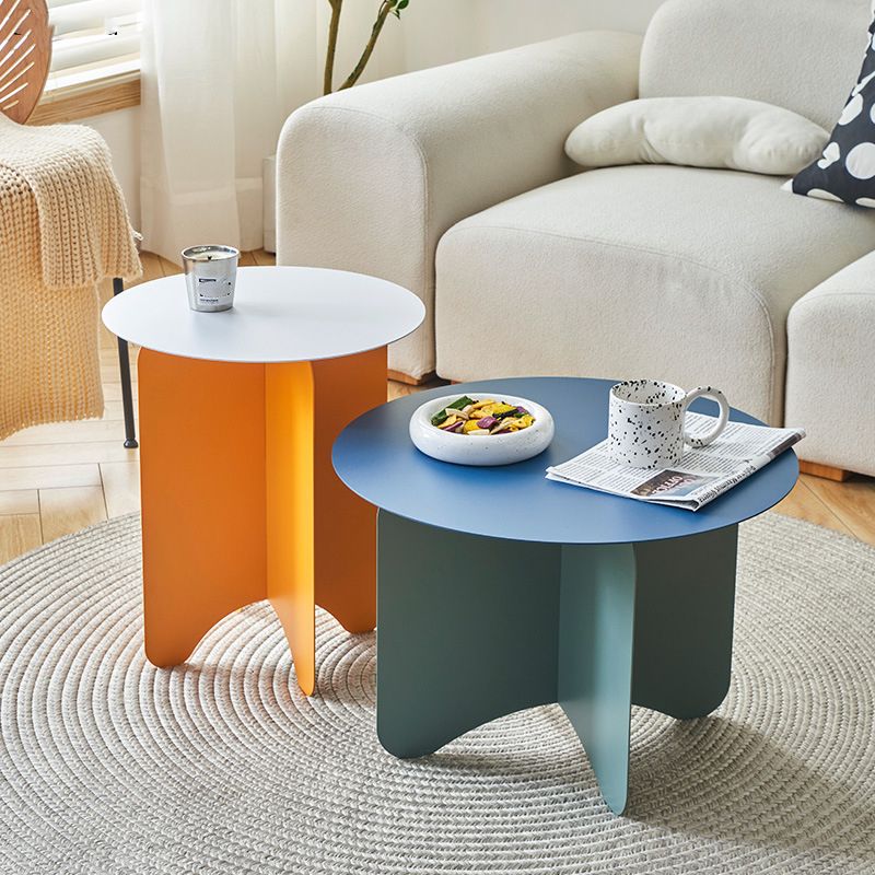 Mid-Century Modern Round Coffee Table with Iron Top and 4 Legs