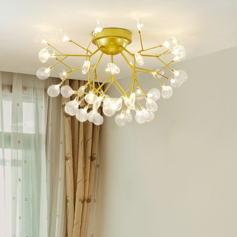 Branch LED Semi Flush Mount Simplistic Metallic Living Room Close To Ceiling Chandelier in Gold