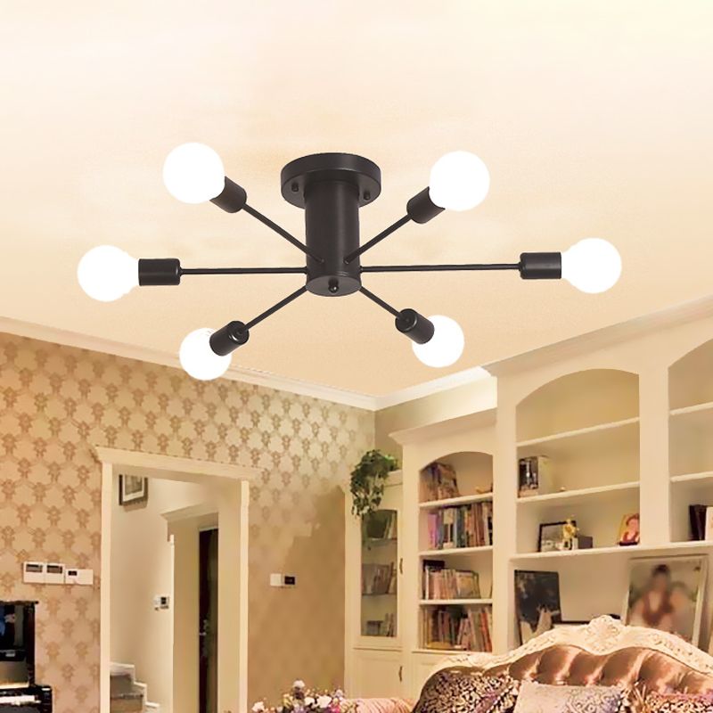 6/8 Heads Bare Bulb Semi Flush Mount Light Vintage Style Black/White Metallic Ceiling Light Fixture for Kitchen