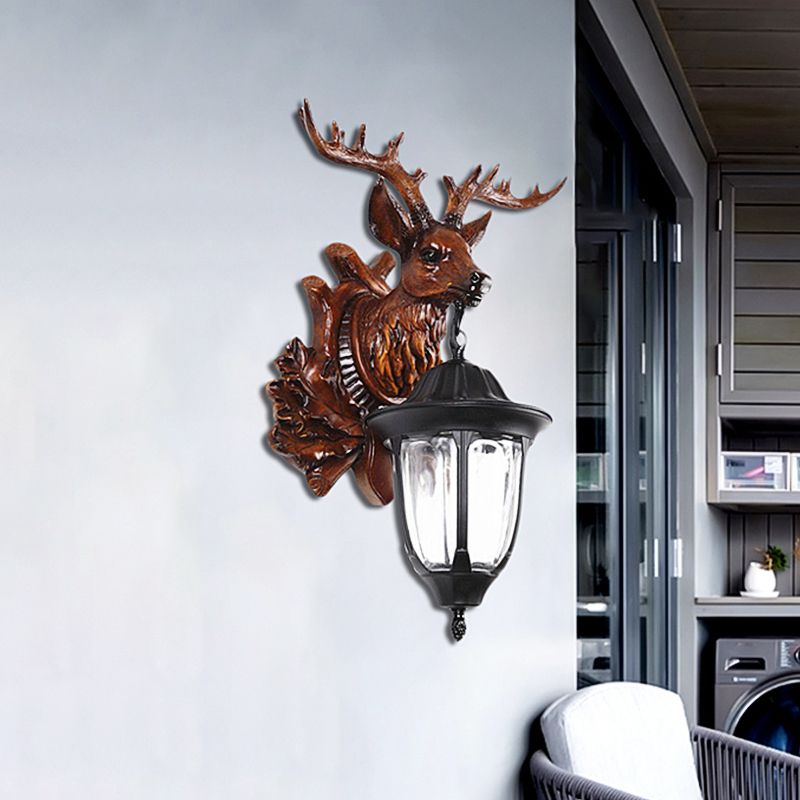 Bronze/Brown Elk Head Wall Mounted Light Farmhouse Resin 1 Head Balcony Sconce Ideas with House Glass Shade