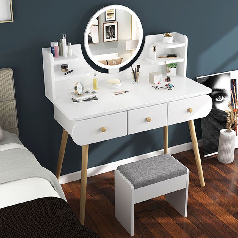 Contemporary White Vanity Dressing Table with Mirror in Solid Wood