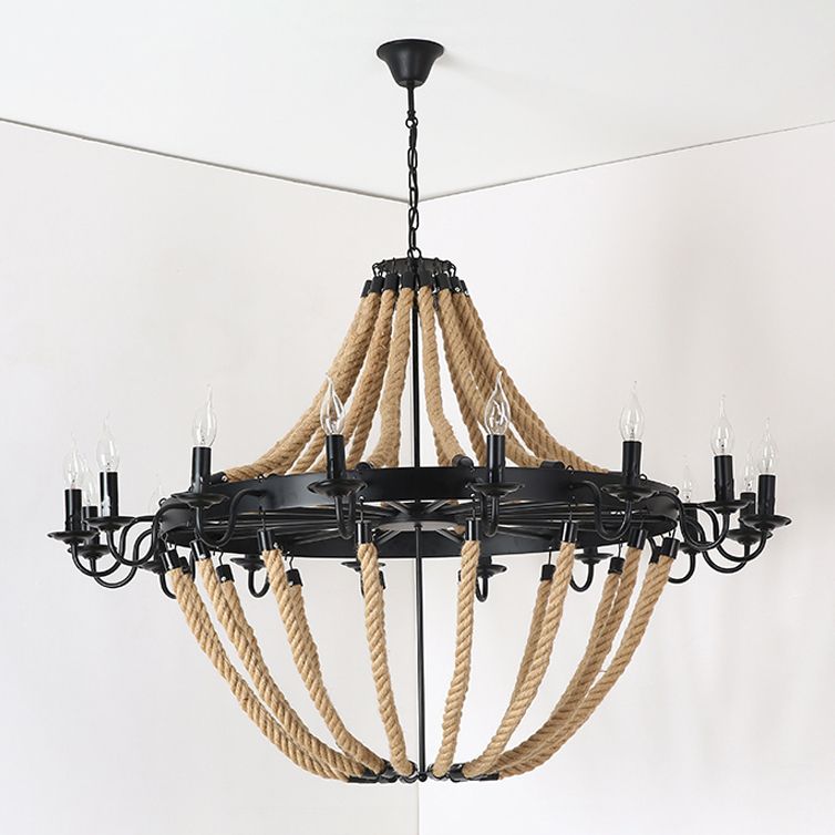 Lampada il lampadario multipla nera in metallo industriale con corda naturale