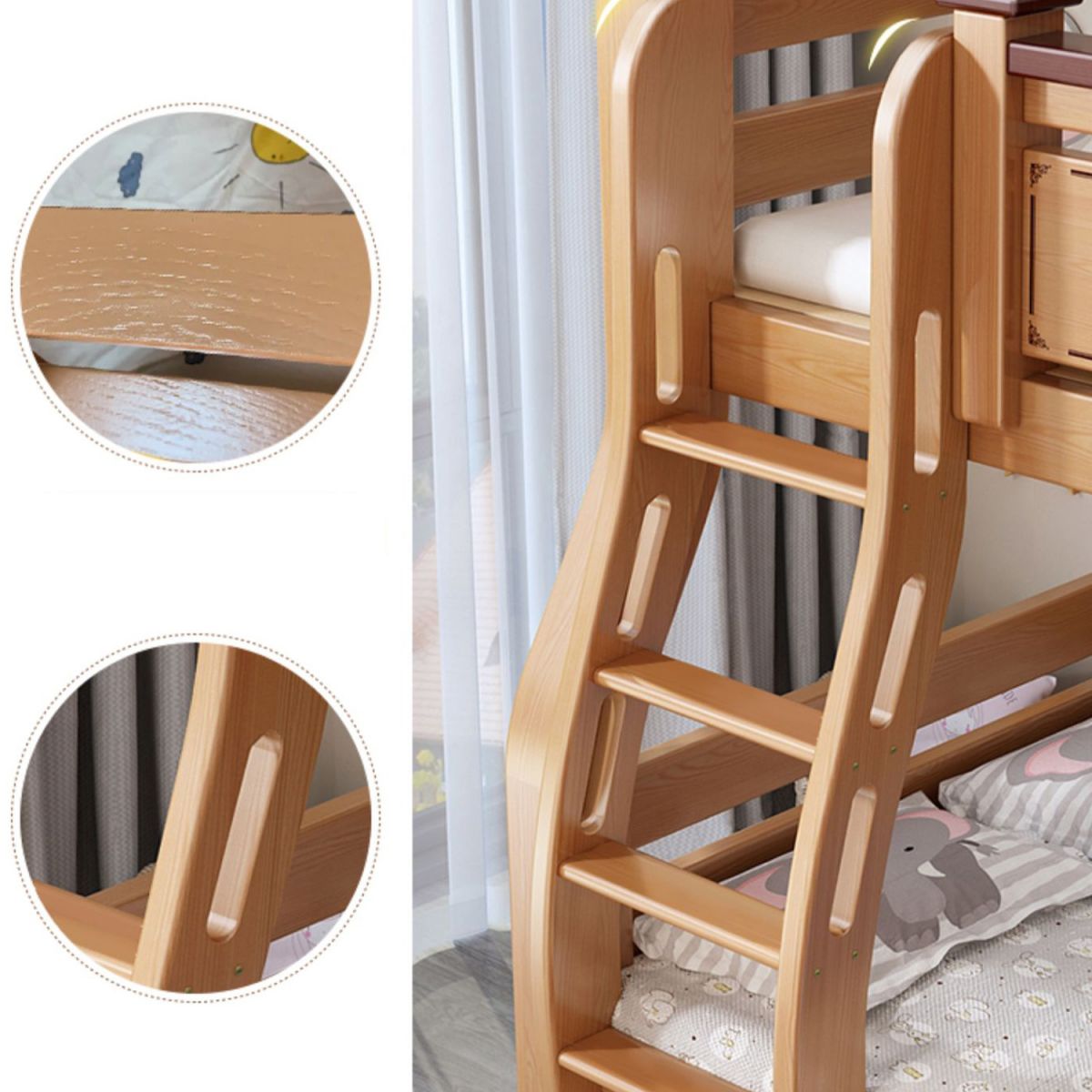 Solid Wood Natural Bunk Bed Scandinavian Kids Bed with Mattress