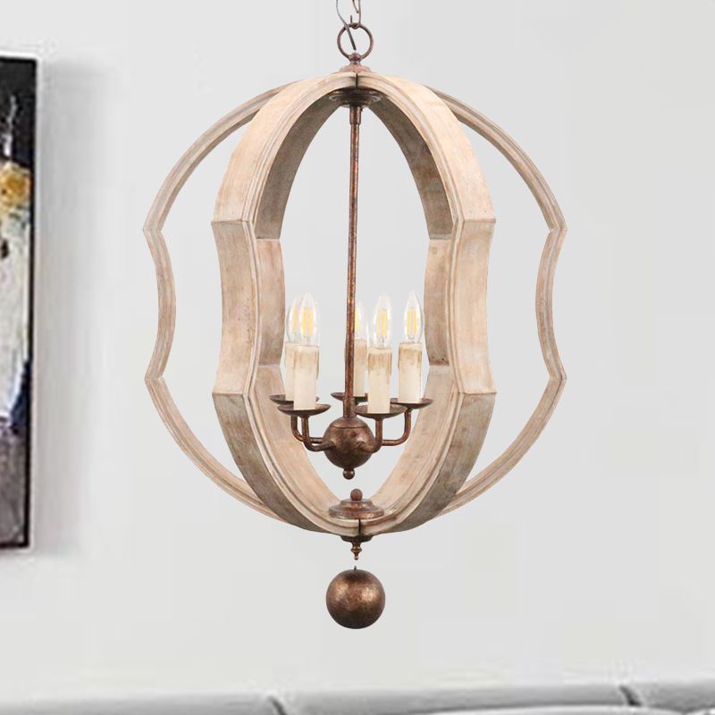 Distressed White Globe Chandelier Lighting Modern Wood 5 Bulbs Pendant Light Fixture with Adjustable Chain