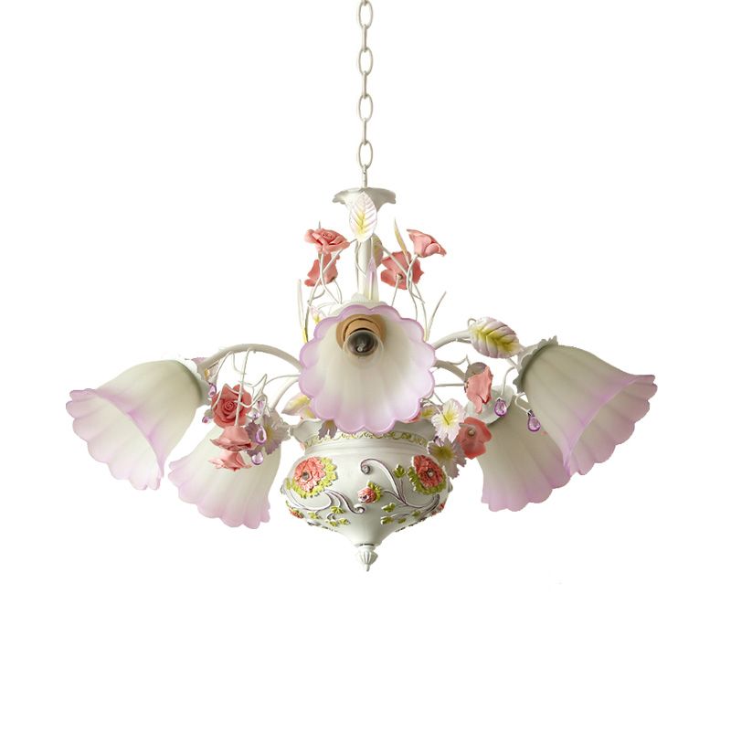 Purple and White Glass Flower Ceiling Chandelier Korean Garden 5 Bulbs Living Room LED Hanging Pendant