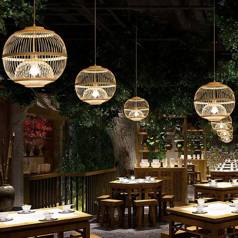 Light a sospensione a gabbia arrotondata in legno Nordic 1 testa a ciondolo in bambù per sala da pranzo