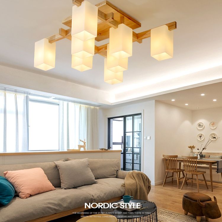 Bloc en verre blanc rinçage lustre nordique en bois semi-luxueux montage pour le salon