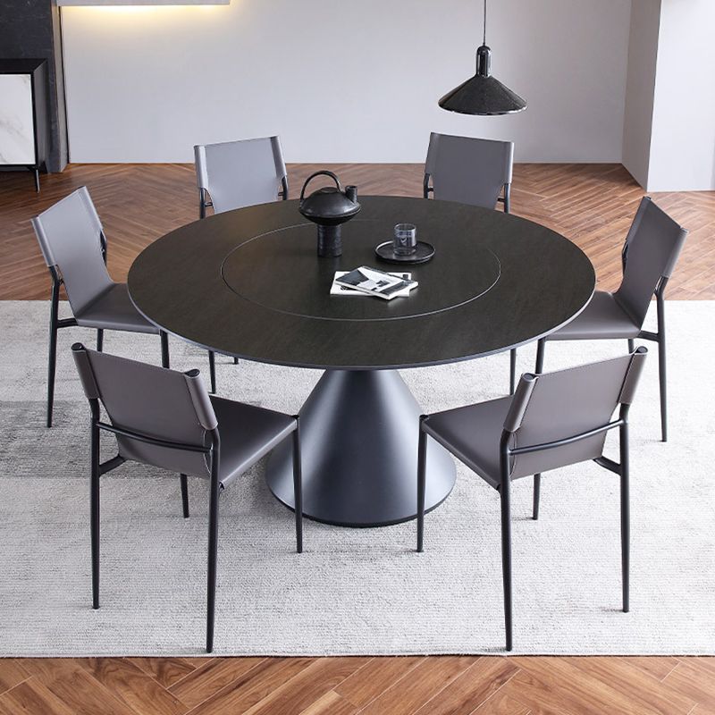 Round White-black Stone Dining Table Modern Turntable Furniture With Pedestal Base