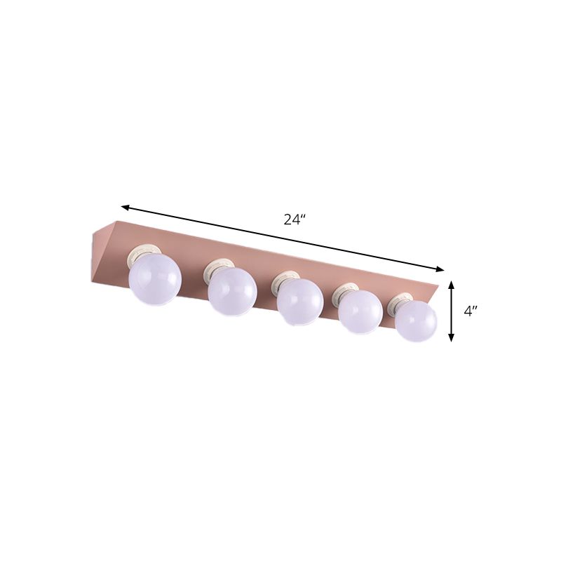 Metal Linear Vanity Sconce Light with Bare Bulb Macaron Style 5 Lights Wall Sconce in Pink/Yellow