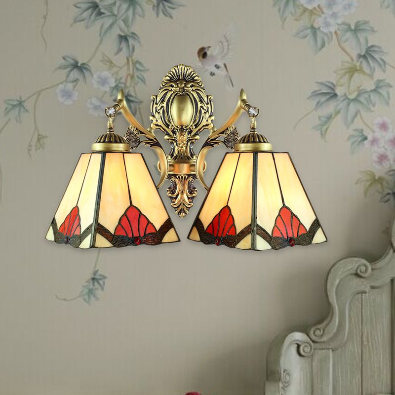 Beige Pyramid Wall Lamp Retro Style Stained Glass 2 Heads Wall Fixture Light for Living Room