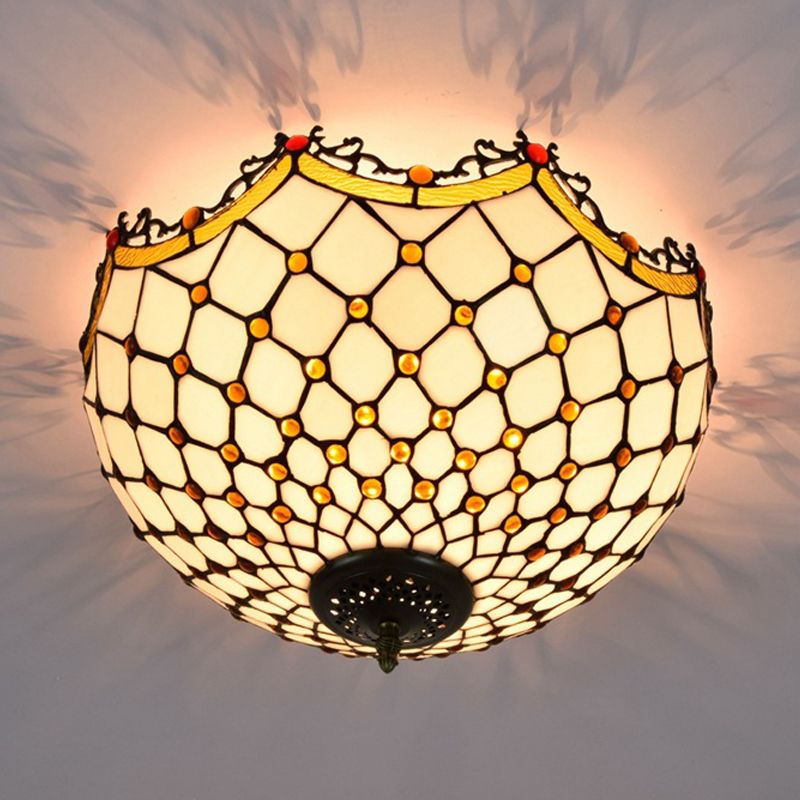 3 Heads Ceiling Lighting Tiffany Scalloped White Glass Flush Light Fixture for Corridor