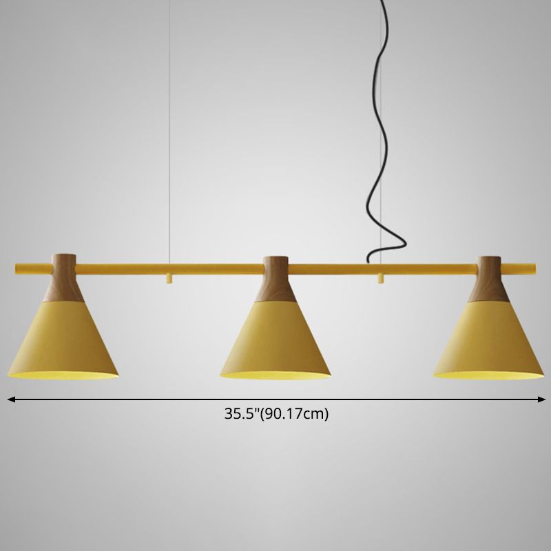 Adjustable Hanging Cord 3 Lights Island Pendant Lights Nordic Style Conical Metal Pendant in Wood