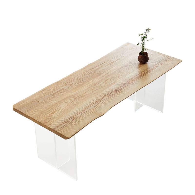 Natural Ash Wood Dining Table Rectangle Clear Acrylic Double Pedestal Table