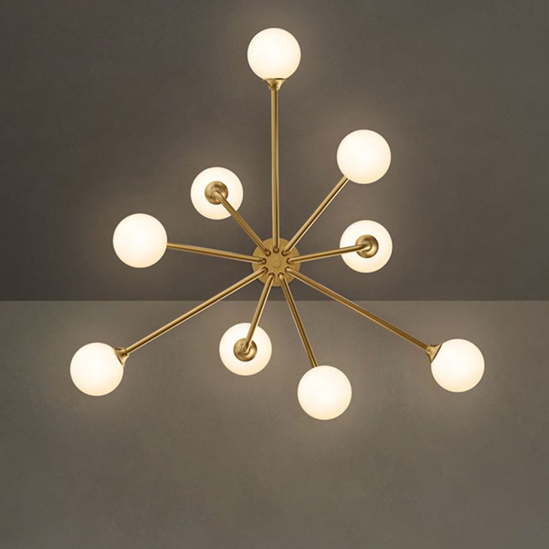 Postmodern Sputnik Island Lighting Metal 6/9/12 Heads Living Room Ceiling Pendant in Gold with Ball White Glass Shade