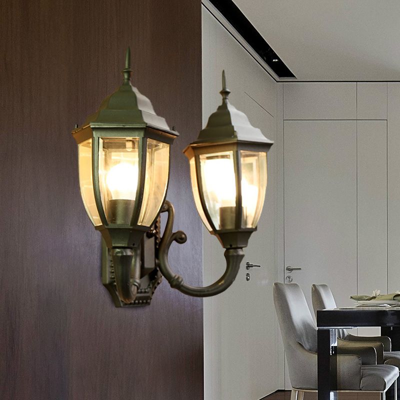 Brass/Black 2 Bulbs Wall Mounted Lighting Farmhouse Clear Glass Acorn Sconce Lamp with Curved Arm