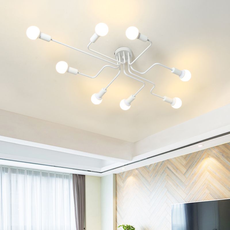 Loft Industrial Exposed Semi Flush Light Fixture 4/6-Head Metallic Ceiling Light Fixture in Black/White for Living Room