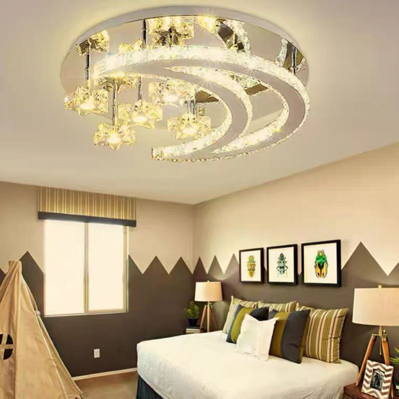 Ringed Shape Semi Flush Mount Modern Style Crystal Flush Ceiling Light in Silver