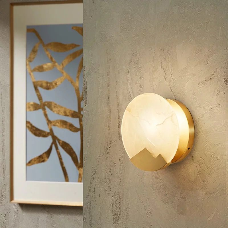 Modern Brass Wall Light Round Gold Wall Sconce with Mica for Living Room