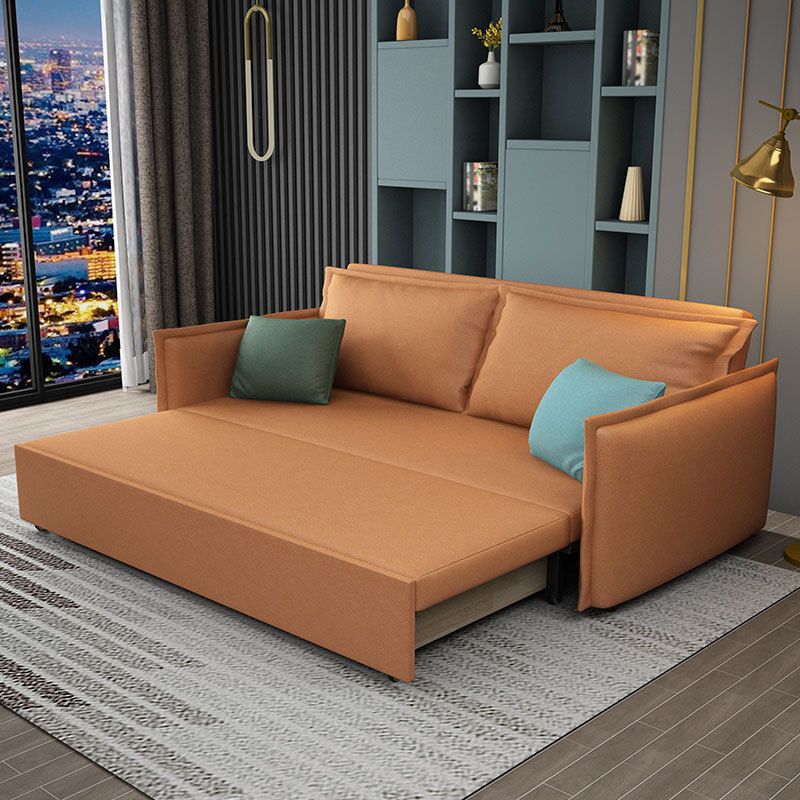 Orange Upholstery Sofa Bed with 2 Pillows Back and Square Arm