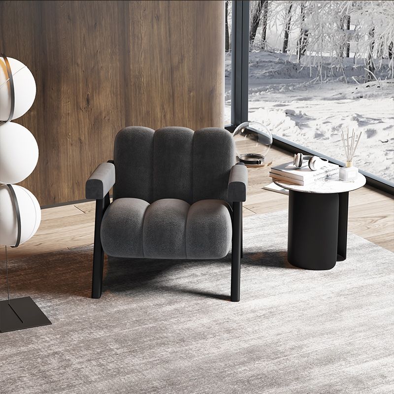 Mid-Modern Century Wood Lounge Chair Sewn Pillow Back Sled Arm Chair in Gray