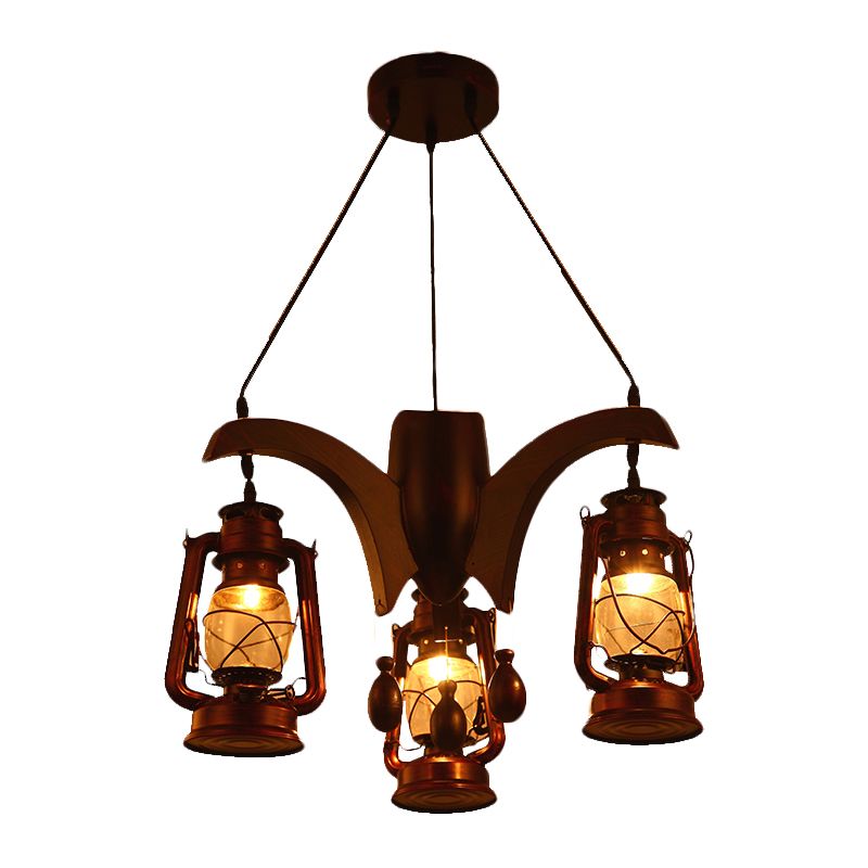 Industrial Kerosene Chandelier Lamp 3 Lights Clear Glass Hanging Ceiling Light in Dark Wood for Living Room