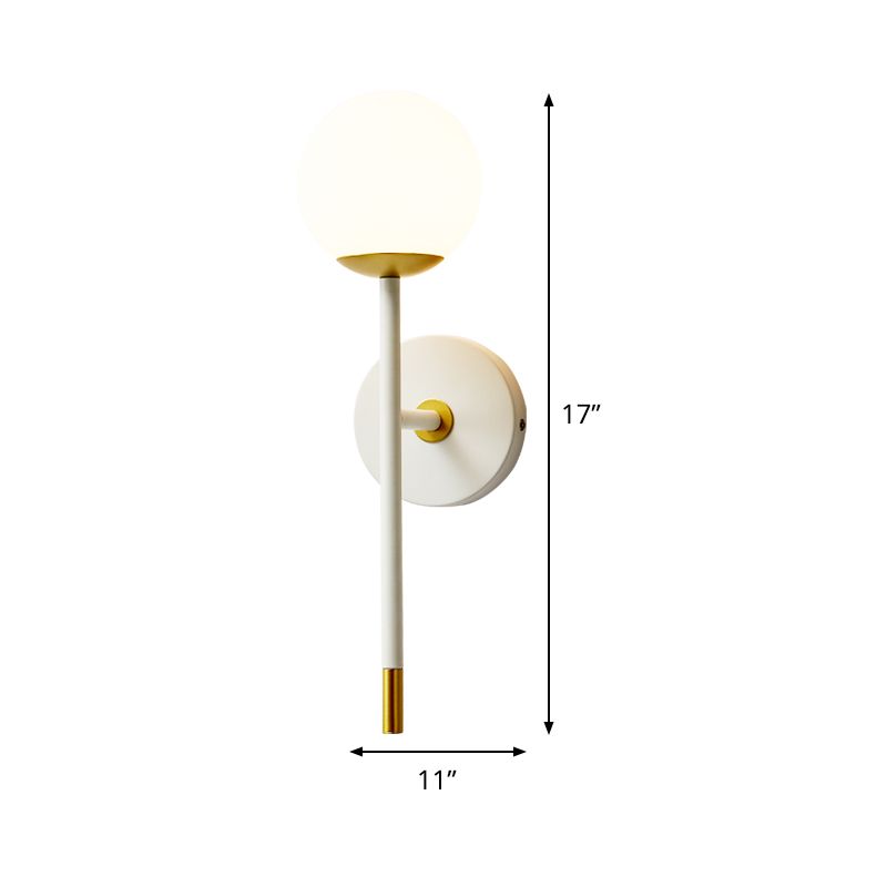 Long Arm Bedside Wall Lamp Kit Milk Frosted Glass Single Simple Sconce Fixture in White-Brass