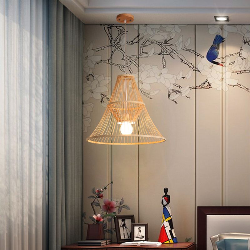 Tapered Bamboo Hanging Light Fixture Asia 1 Light Beige Suspension Pendant Light for Bedroom