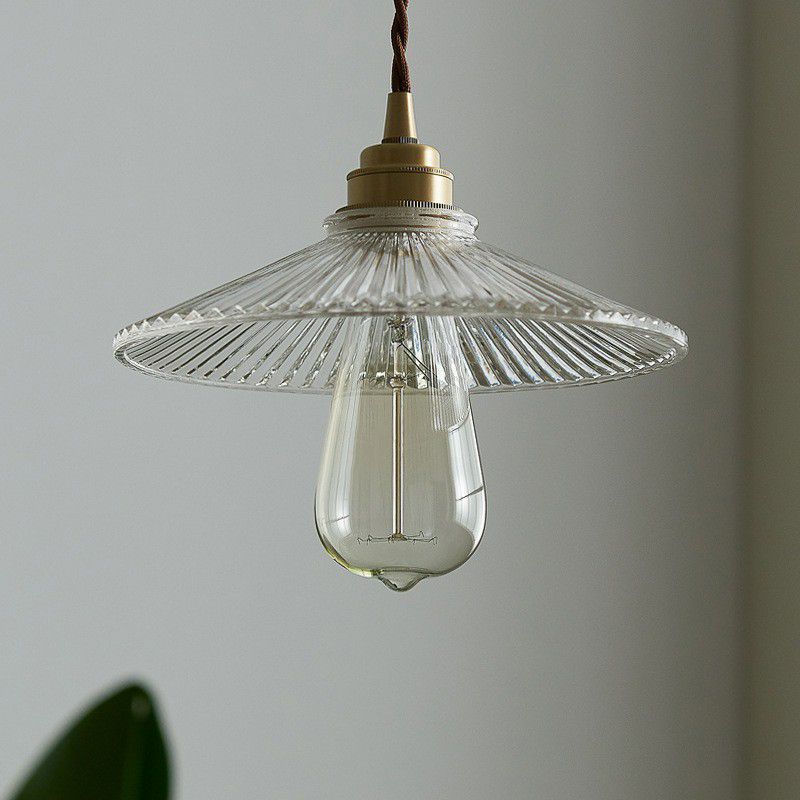 Cone Clear Ribbed Glass Hanging Lamp Vintage Single-Bulb Dining Room Lighting Pendant