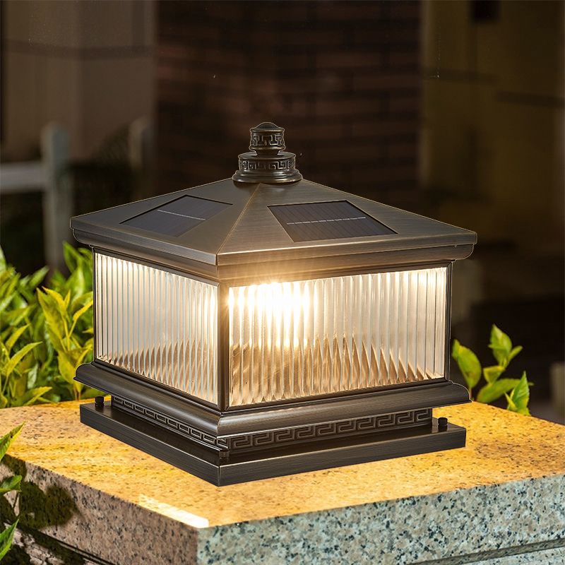 Rectangle Shape Metal Outdoor Light Modern Style 1 Light Solar Pillar Lights in Bronze