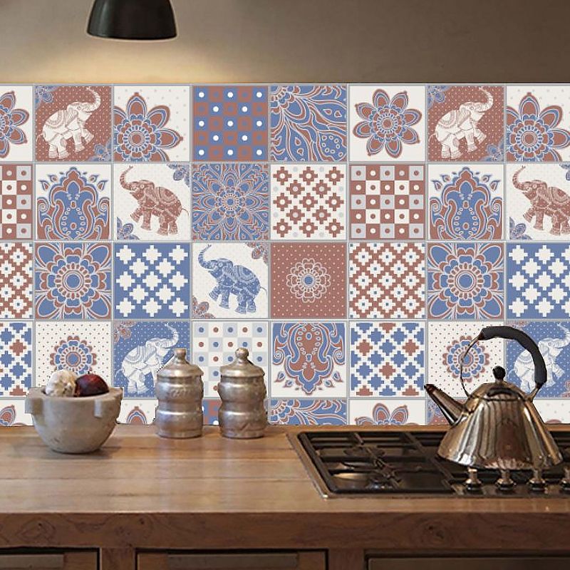 Bohemia Elephant Stick Wallpaper Panels Red-Blue Floral Print Wall Covering (20 Pieces)