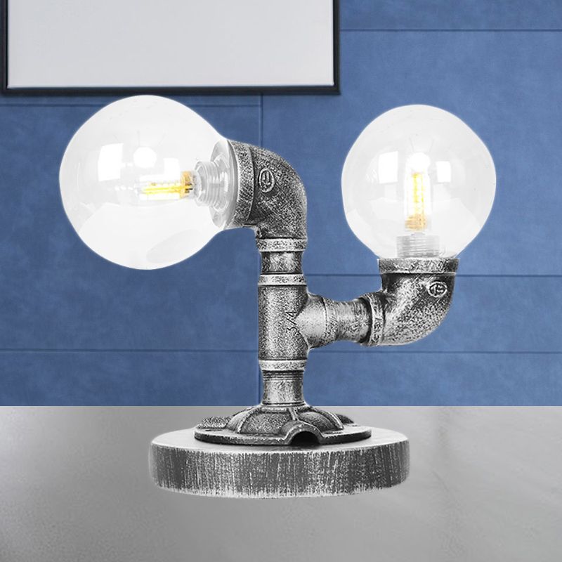 Tarea de sombra redonda de vidrio transparente/ámbar iluminación vintage estilo 2 luces lámpara de escritorio de cafetería en plata antigua/bronce
