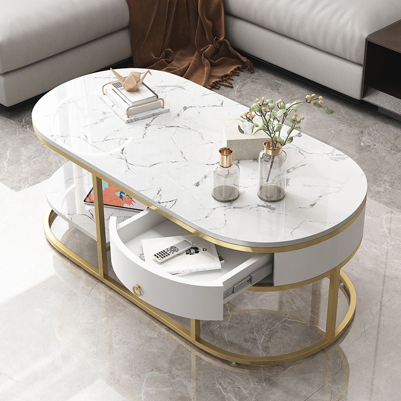 Glam Style Cocktail Table with Shelf and Drawer Stone Ova Top Coffee Table