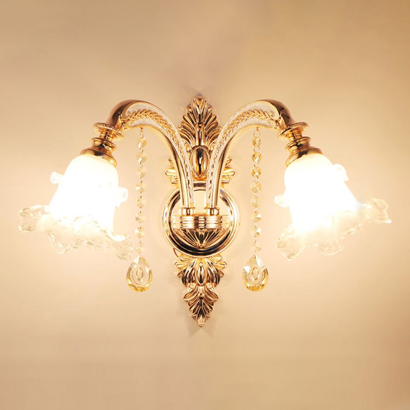 Frosted Glass Flower Wall Mount Light Traditional Corridor Wall Light Fixture with Crystal Draping in Gold