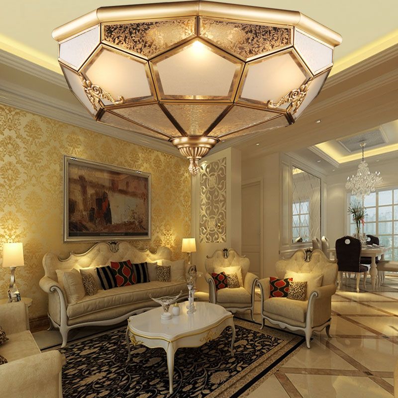 Bowl Flush Mount Ceiling Light Classic Brass Frost Glass Flush Light Fixture for Living Room