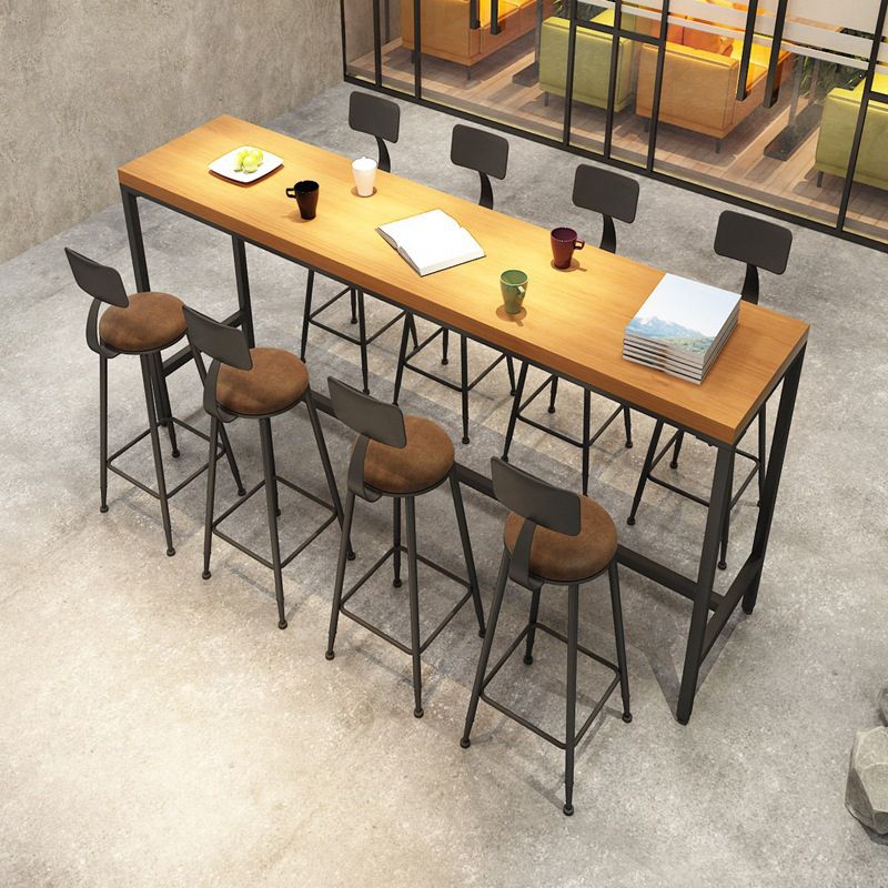 Solid Wood Bar Table Black Trestle Base Dining Table for Kitchen Living Room