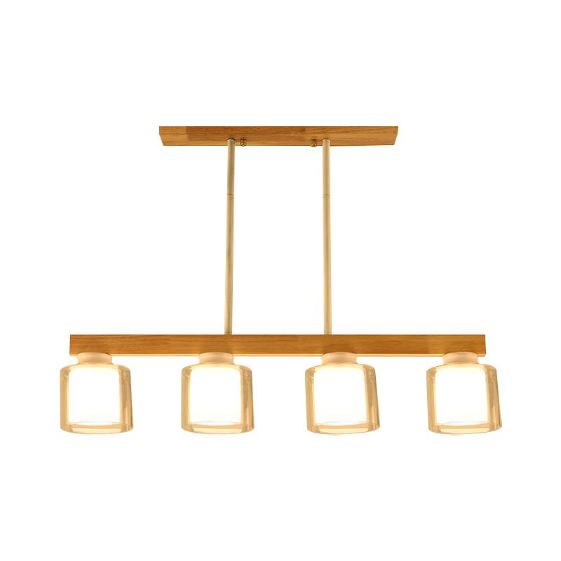 Double Glass Cylinder Shade Island Lighting Restaurant 3/4-Head Nordic Wooden Linear Pendant in White