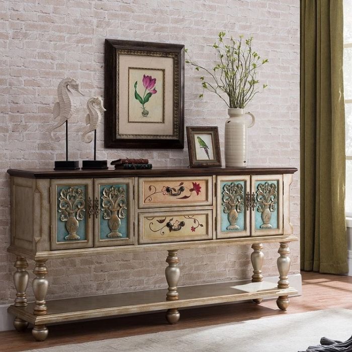 French Country Rectangle Console Table Rubber Wood Console Accent Table for Hall