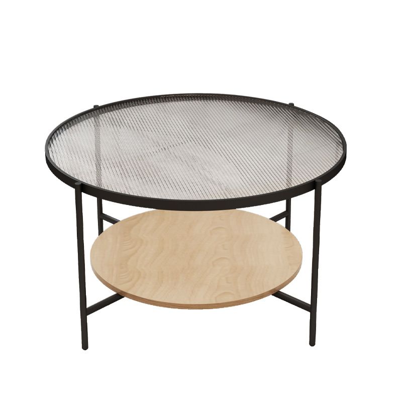 Round Glass Cross Legs Coffee Cocktail Table with Storage Shelf - 17.7" H