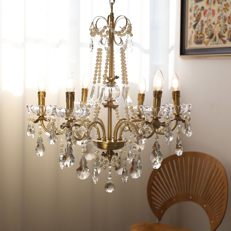 American Chandelier Brass Multi Light Hanging Light with Crystal for Bedroom