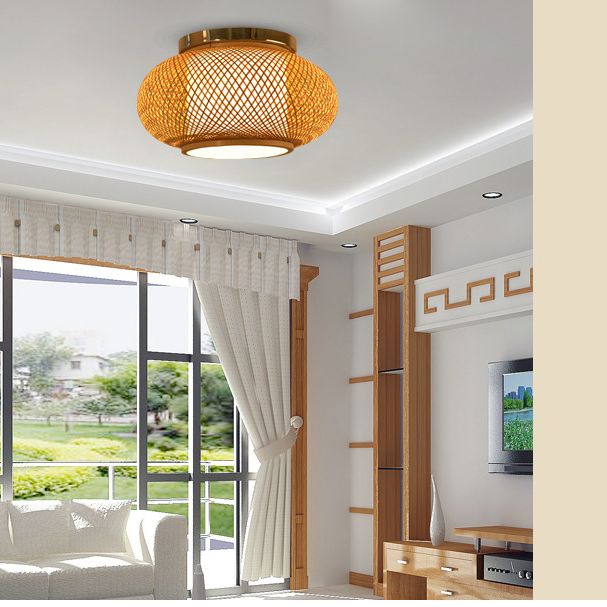 Rattangeflecht, Deckenleuchte im asiatischen Stil, Laternenform, 1 Licht, Restaurant-Hängeleuchte aus Holz