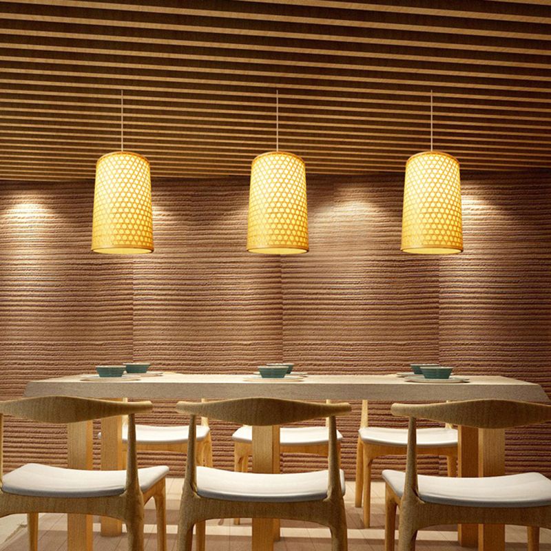 Cylindrical Bamboo Hanging Ceiling Light Modernist Style 1 Head Beige Pendant Lamp for Dining Room