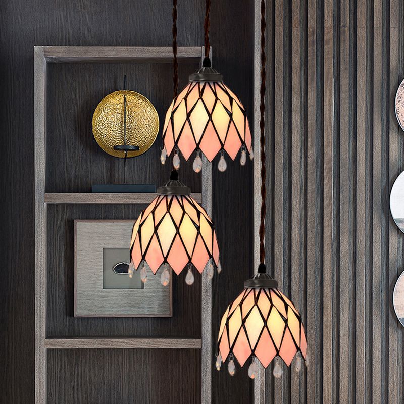 Victorian Bowl/Morning Glory Hanging Light Kit 3 Lights Pink Stained Glass Cluster Pendant for Dining Room