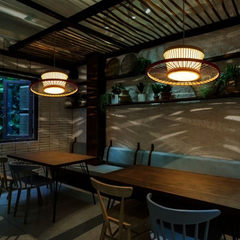 Circle Ceiling Light Asian Style Bamboo 1 Bulb Wood Hanging Lighting for Tea Room