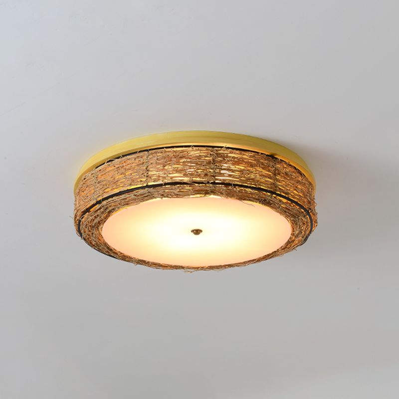 Ronde Vorm Plafondlamp Aziatische Stijl Rotan 3 Lichten Flush Mount voor Slaapkamer