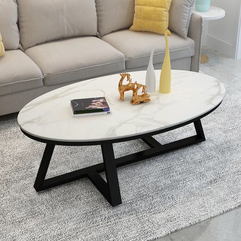 Modern Style Solid Rock SLATE Top White Gold/white/black Gold Oval Coffee Table