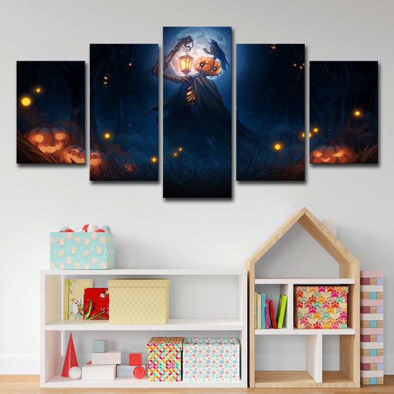 Halloween Pumpkin Canvas Print Kids Scary Moon Night Scene Wall Art in Dark Blue