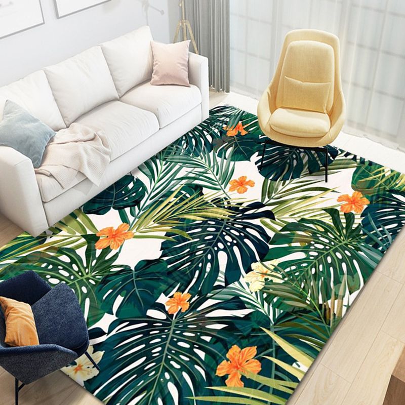 Modern Tropical Area Rug Simple Leaves Pattern Carpet Polyester Friendly Washable Rug for Living Room